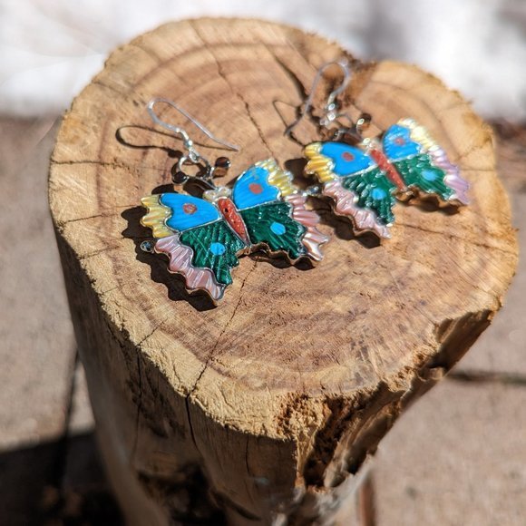 Native American Jewelry Butterfly Earrings‎ Multi Stones Inlay Zuni Handmade*** - Picture 7 of 9